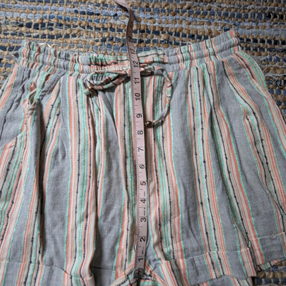Striped Rayon Boho Shorts L Elastic Waist Drawstring Beachy Festival Resort Sage - Picture 6 of 9